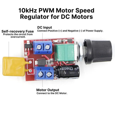 PWM DC Motor Speed Controller 5A Dimmer For 3V To 35V DC Motors And Fans With Adjustable Duty Cycle, top view with components