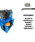 Built Tough Hydraulic Hose Crimper 220V 3 Phase 4 KW with accessories including die screws and foot switch.