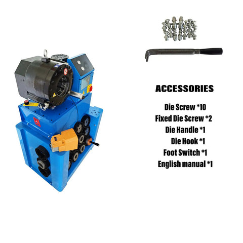 Built Tough Hydraulic Hose Crimper 220V 3 Phase 4 KW with accessories including die screws and foot switch.