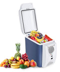 Portable 12V Thermoelectric Cooler And Warmer With 7.5 Quart Capacity, open with fruits and snacks inside, ideal for car and RV.