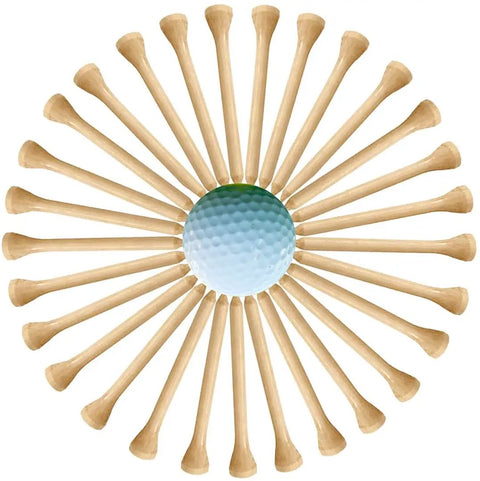Circular display of Pro Grade Bamboo Golf Tees Two And Three Quarters Inch Pack Of One Hundred Built To Last On The Course and a golf ball.