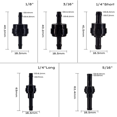 Five black PA66 automotive spring check valves (BBTUS) for high-temp, corrosion resistance; sizes 1/8, 3/16, 1/4, 5/16.