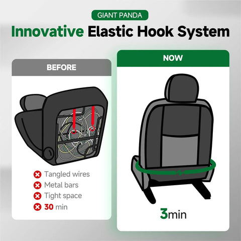 Comparison of before and after installing Giant Panda innovative elastic hook seat cover system