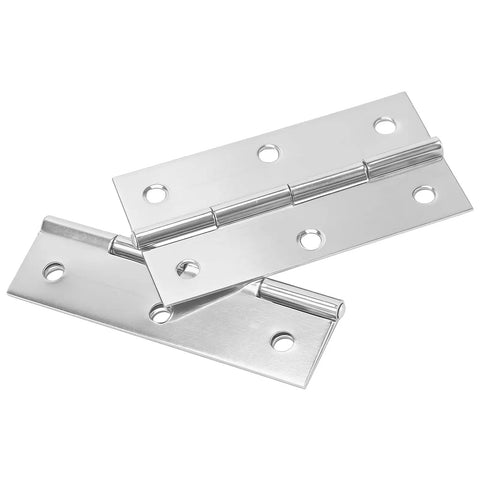 60 Pack Stainless Steel Cabinet Hinges Measuring Two Point Five Inches, Rock Solid Butt Hinges For Drawers Furniture Doors And Workshop Shelving, Silver Shine Pro Grade shown from an angled view, highlighting the stainless steel finish.