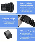 Beefed Up M16 Strain Relief Cord Connector With PA66 Nylon Gland, Rugged Spiral Cable Grip For Five To Ten Millimeter Wires, IP69 Waterproof Cable Clamp With Gaskets And Locknut, Black
