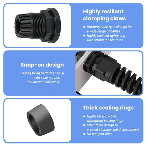 Beefed Up M16 Strain Relief Cord Connector With PA66 Nylon Gland, Rugged Spiral Cable Grip For Five To Ten Millimeter Wires, IP69 Waterproof Cable Clamp With Gaskets And Locknut, Black