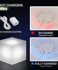 16 Inch LED Glow Cube Chair Light With Remote Control For Patio Garden Bar Cafe Outdoor Indoor Lit Mood Lamp That Changes RGB Colors Waterproof Rechargeable Light Up Stool Decor For Parties And Events showing charging process and adapter