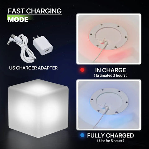 16 Inch LED Glow Cube Chair Light With Remote Control For Patio Garden Bar Cafe Outdoor Indoor Lit Mood Lamp That Changes RGB Colors Waterproof Rechargeable Light Up Stool Decor For Parties And Events showing charging process and adapter