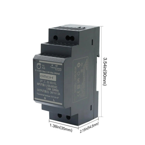 Ultra Slim DIN Rail 24V DC Power Supply 1.5A 36W For PLCs Relays Sensors And Controllers Wide Input For Industrial Automation And Building System Installations, 90mm high