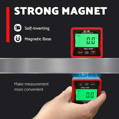 Digital Angle Finder Gauge With Magnetic Base Protractor Inclinometer For Woodworking And Carpentry shown with backlit LCD display