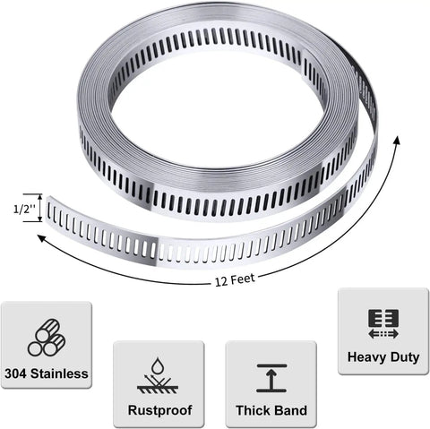304 Stainless Steel Hose Clamp Assortment Kit With 12 Ft Cut To Fit Metal Strap And 8 Fasteners, Adjustable Worm Gear Pipe Clamps, 1/2 inch band