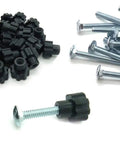 Beefed Up Pet Carrier Bolt Fasteners Kit With Twenty Steel Carriage Bolts And Twenty Black Plastic Wing Nuts shown separately.
