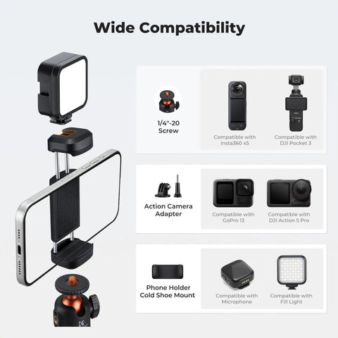 Wide compatibility features of Mini Selfie Stick Tripod Stand with Cold Shoe for cameras and smartphones with accessories.
