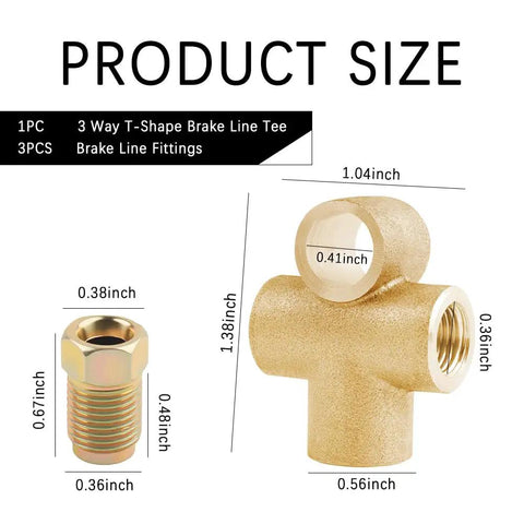 Three Sixteenth Brake Line Tee Kit With Fittings For A Three Way Brake Line Tee Union DIY Friendly Rust Proof Connector For Cars And Trucks Includes Fittings And Leak Check Guide To Keep Your Brake Piping In Top Shape. 3/16-inch copper-iron T tee and fitting size diagram