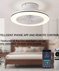 Remote Control Bladeless Ceiling Fan With Lights, 18.5 Inch Low Profile, Reversible Airflow, shown with app and remote control.