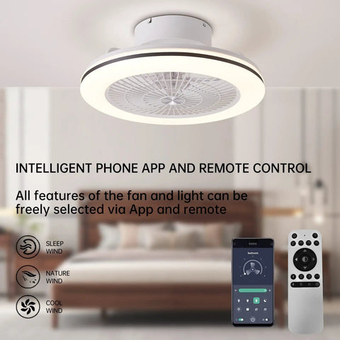 Remote Control Bladeless Ceiling Fan With Lights, 18.5 Inch Low Profile, Reversible Airflow, shown with app and remote control.