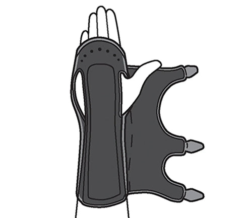 Illustration of Night Wrist Sleep Support with adjustable fit for injured wrists, navy color, showing open design and straps