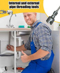 Heavy Duty 4-in-1 Water Pipe Threader Kit with user demonstrating internal and external pipe threading tools under sink.