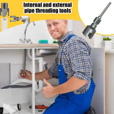 Heavy Duty 4-in-1 Water Pipe Threader Kit with user demonstrating internal and external pipe threading tools under sink.