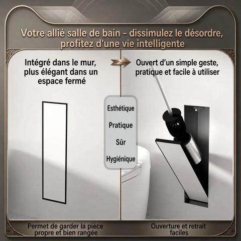 Hidden In Wall Toilet Brush Holder Cabinet In Matte Black With Tileable Door next to a toilet