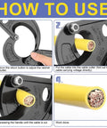 Steps showing the use of Heavy Duty Ratchet Cable Cutter for aluminum and copper wires, cutting process on yellow cable.