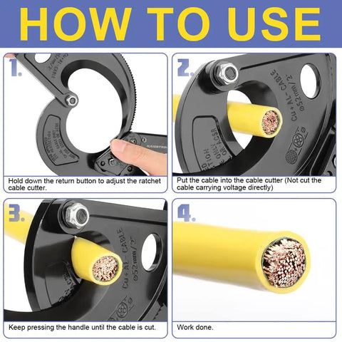 Steps showing the use of Heavy Duty Ratchet Cable Cutter for aluminum and copper wires, cutting process on yellow cable.