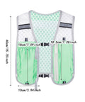 Green Hydration Vest Pack For Running And Outdoor Adventures with adjustable water reservoir; front view with detailed measurements