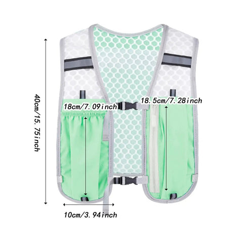 Green Hydration Vest Pack For Running And Outdoor Adventures with adjustable water reservoir; front view with detailed measurements