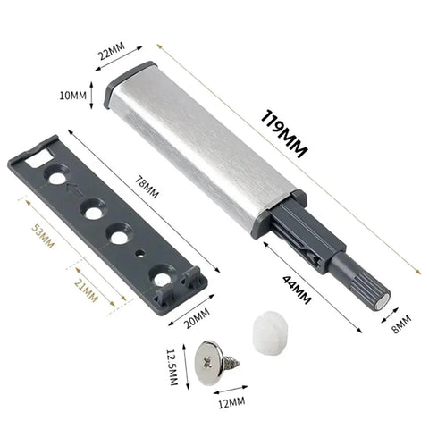 10 Pack Magnetic Push Latches For Cabinets And Drawers, showing dimensions and components, push to open latch hardware.