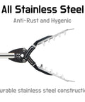 Close-up of Heavy Duty 49 Inch Grabber Reacher Tool with laser welded stainless steel frame, showing anti-rust feature.
