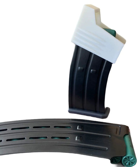 Purple 12 Gauge Magazine Speed Loader For Armscor Style Mags Built Tough And Rugged Fits RIA VRPA40 VRBP100 VR80 VR60 Derya MK12 Panzer Citadel Boss Finger Saver Made In USA High Strength Durable Plastic Multiple Colors For Quick Mag Swaps attached to magazine