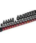 15-Piece E-Torx Swivel Socket Set With 1/4 In And 3/8 In Drives, Universal Joint, External Star Sockets E4 To E24, Built Tough From CR-V Steel, Includes 2 Adapters For Quick, Flexible Auto And Bike Projects. 15-piece CR-V socket set on red rail with E4 to E24 sockets