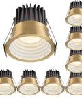 Set Of Eight Slick Dimmable LED Recessed Downlights With Zero Shine Trouble And Solid Brass Housing Offering Quick Flush Mount Setup
