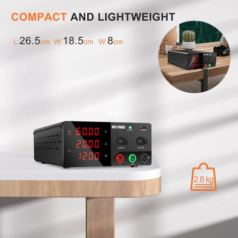 High Power DC Bench Power Supply 0-60V 0-20A 1200W With Encoder Knob And Output Switch Adjustable Regulated For Repair And Test Benchtop Power Source Black, compact on table