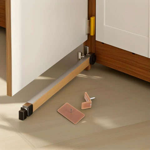 20 Piece Plastic And Iron Drawer Stopper Set for Dressers and Cabinets showing square and L shape glides on floor