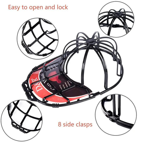 Black 2 Pack Hat Washer Cage For Washing Machine And Dishwasher, with secure double hook lock system and 8 side clasps.