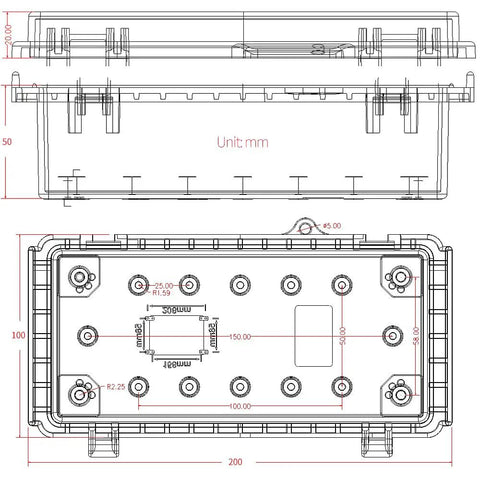 Technical drawing of Electrical Waterproof Junction Box Outdoor Enclosure with Hinged Clear Cover, size 7.9x3.9x2.8 inches.