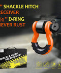 2 Inch Tow Hitch Receiver With Three Quarter D Ring Shackle And Five Eighth Screw Pin Heavy Duty 45000 Lbs Break Strength Off Road Towing Accessory Orange And Black displayed on packaging.
