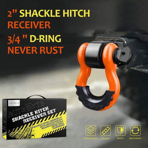 2 Inch Tow Hitch Receiver With Three Quarter D Ring Shackle And Five Eighth Screw Pin Heavy Duty 45000 Lbs Break Strength Off Road Towing Accessory Orange And Black displayed on packaging.