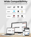 Laser engraver compatibility graphic with Woxcker branding shown on four devices: laptop, monitor, tablet, and phone.