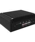Zero Fuss Silent Fanless Firewall Mini PC showing black aluminum casing and multiple connectivity ports for high-speed access.