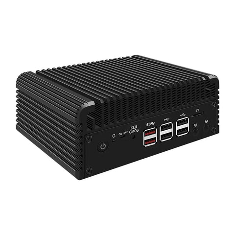 Zero Fuss Silent Fanless Firewall Mini PC showing black aluminum casing and multiple connectivity ports for high-speed access.