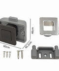 Push Button Latch Lock For 15mm Thick Door Panels Black Heavy Duty Push Lock Cabinet Latch components with dimensions visible
