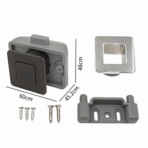 Push Button Latch Lock For 15mm Thick Door Panels Black Heavy Duty Push Lock Cabinet Latch components with dimensions visible