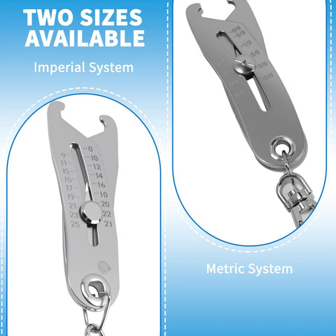 Bolt size finder keychain with dual imperial and metric scales; compact stainless steel thread gauge.
