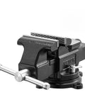 Built Like A Tank Heavy Duty Bench Vise With 4 Inch Ductile Iron Jaws and full rotary swivel base, showing iron jaws and swivel base.