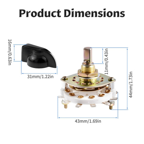 Product Dimensions Rotary Band Switch 1 Pole 8 Position 1 Deck With 43mm Diameter And 44mm Height 6mm Rotating Dial 20mm Shank 0.3A At 220V Compact Multi Position Selector For Electronics Projects Tinker Friendly, black knob and metal switch
