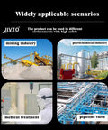 Four images showing applications: mining, petrochemical, medical treatment, and pipeline valve industries.