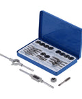Heavy Duty Alloy Steel Tap Die Kit For Thread Repair With 11 Taps And 11 Dies Plus Wrenches In Iron Storage Box, CNC Tool Set For Manual Hardware And Industrial Projects; blue case open with taps and dies