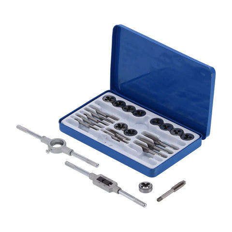 Heavy Duty Alloy Steel Tap Die Kit For Thread Repair With 11 Taps And 11 Dies Plus Wrenches In Iron Storage Box, CNC Tool Set For Manual Hardware And Industrial Projects; blue case open with taps and dies